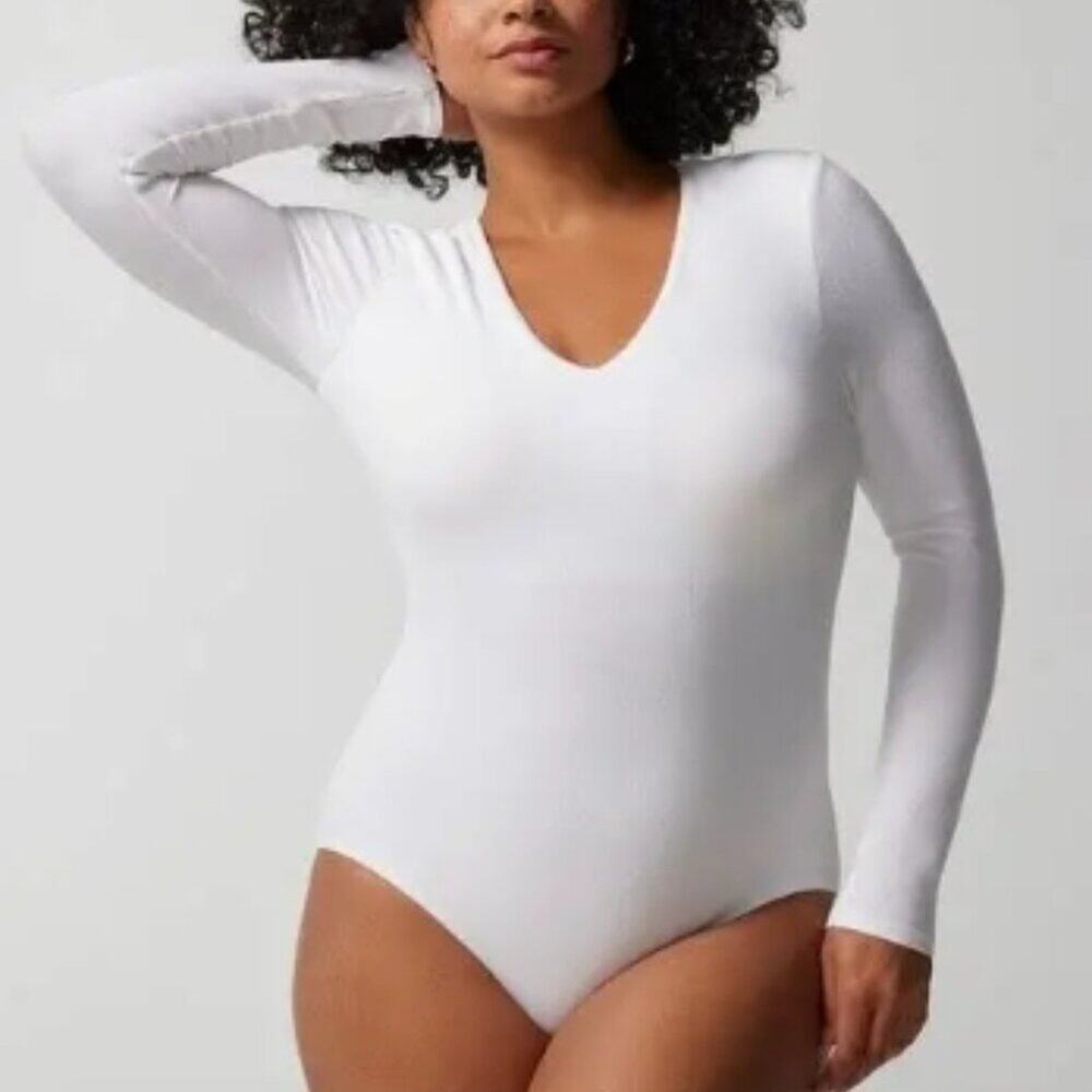 SOMA Body Ribbed Long-Sleeve V-Neck Bra Bodysuit S Optic White